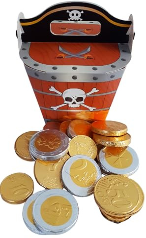 Schokoladenmünzen 300g | 45 Stück | Goldmünzen aus Milchschokolade | Plus Piraten Schatzkiste | Kindergeburtstag | Schatzsuche
