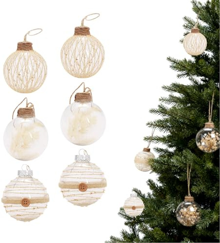 Weihnachtskugel Set 6 Stück 8 cm, Handgemachte Klare Kunststoff-Kugeln, Boho Beige mit Jute-Ummantelung, Hängende Christbaumschmuck für Weihnachtsdekoration in Wohnzimmer und Geschäftsräumen (Beige A)