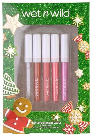Wet n Wild Mistletoe Magic Vault, Geschenkset mit 5 Lipglossen für gepflegte, vollere Lippen, angereichert mit Peptiden und Kollagen