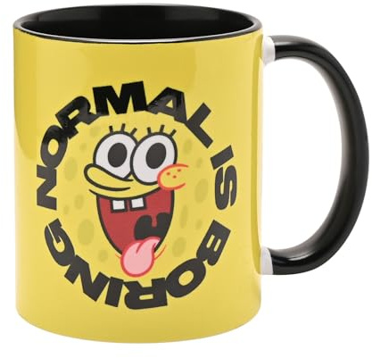 Widdop and Co Spongebob Sqaurepants 'Normal is Boring' Keramiktasse, Gelb mit schwarzer Innenseite, 325 ml, Kaffeetasse mit Charakter-Artwork