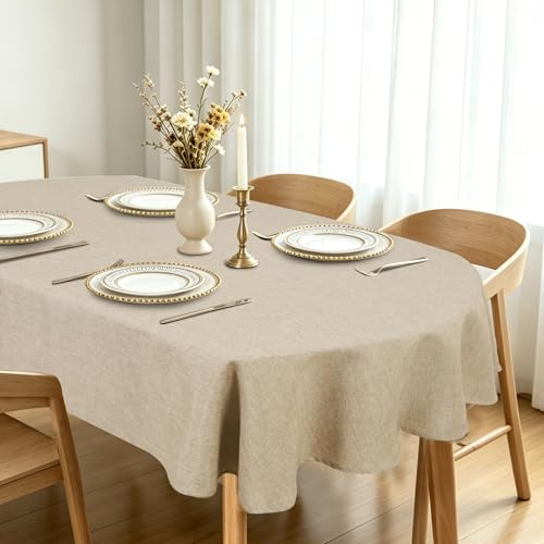 DWCN Leinen Beige Tischdecke Oval 135x180cm Abwaschbar Outdoor Wetterfest | Leinenoptik Tischwäsche Wasserabweisend Tischtuch für Esszimmer, Garten, Party, Hochzeiten oder Haushalt