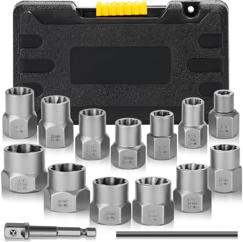Nut Bolt Extractor Set 15pcs Locking Wheel nut Removal Tool,Easy Out Extractor Socket Set,Mechanical Tools for Removing Damaged,Frozen,Broken or Rounded Bolt,Nuts, and Screw