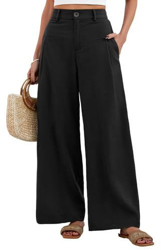 Fashora Pantalon Femme Été Lin Pantalons Taille Elastique (Noir, M)