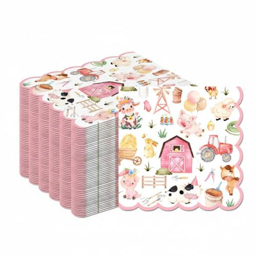 20 Stk Servietten Bauernhof Geburtstag Deko, 33x33cm Rosa Servietten Tiere | Traktor Deko Serviette, Napkins Geburtstagsdeko Bauernhof für Party