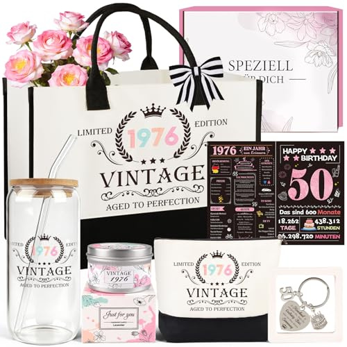 TUZELIYA 50 Geburtstag Frauen - Vintage 1976 Geburtstagsgeschenk Set für Mama, Freundin, Kollegin, Schwester - 7tlg inkl. Canvas-Shopper, Kosmetiktasche, Trinkglas, Duftkerze, Schlüsselanhänger, Karte
