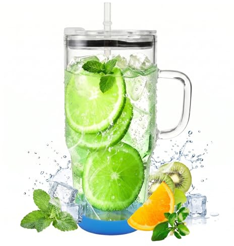 Xylota 1000 ml Glas Mit Deckel und Strohhalm, hitzebeständig & spülmaschinengeeignet, ideal für Bubble Tea, Eiskaffee, Smoothie & Cocktails (1, Glasbecher mit Deckel und Strohhalm)