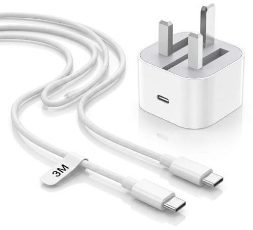 livager PD 20W USB C to USB C Cable 3M Fast Charging Braided Type C Lead for Google Pixel 10/9/8 Pro, iPhone 17/16/15, iPad Pro, MacBook Air, Power Adapter Plug UK with Type C Charging Cable