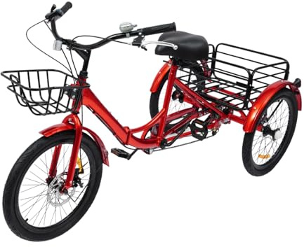 Mqwdxzfes 20 Zoll Faltbares Dreirad für Erwachsene, 7-Gang 3-Rad Fahrrad mit Vor- und Rückkorb, Schloss, Seniorenfahrrad Tricycle klappbares Cityräder für Einkaufen Freizeit Sport