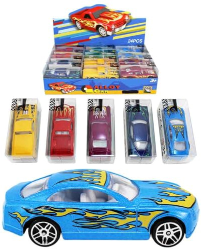 BEMIRO Spielzeug Mini Auto Set, 24 Stück, Maßstab 1:64, ca. 8 cm, Flammen Design, Pick-Up, Sportwagen und Oldtimer