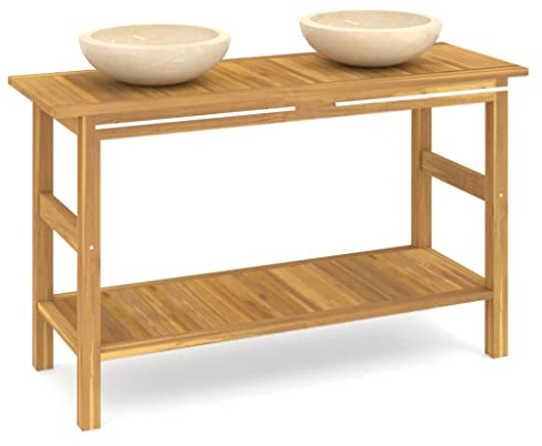 Heofavd Doppelwaschtisch aus massivem Teakholz mit 2 Creme Marmorbecken, Badezimmermöbel mit Handtuchstange, Waschtischunterschrank, 132 x 45 x 75 cm