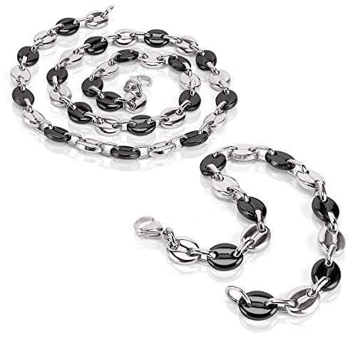 AURSTORE Parure Bracelet ET Chaine Homme Acier INOX Massif Grain DEà café Taille Couleurs AU Choix (7mm, Argenté-Noir)