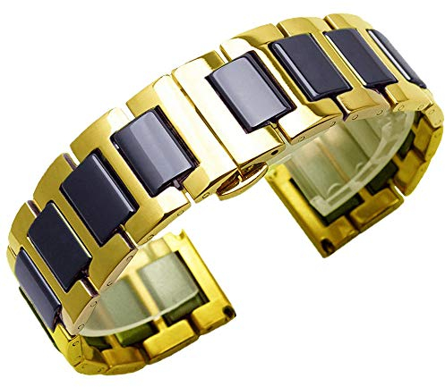 Kai Tian Armbanduhr Two Tone 18mm Schwarz Keramik Uhrarmband für Damen Herren Armband Gold Edelstahl Uhrenband Alle Links Abnehmbares Ersatz Metall Uhrarmband mit Werkzeugen