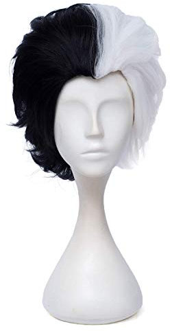 Morticia Short Layered Fluffy Curly Halb Weiß Halb Schwarz Cosplay Perücke