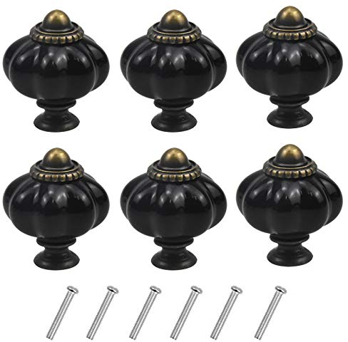 Fodlon 6 Piezas Pomos Vintage de Calabaza, Cajones Pomos Tiradores de Acrílico, Antiguo Pomos Gabinetes con Tornillos para Muebles Armarios de Cocina Cajones de Comodas Puertas - Negro