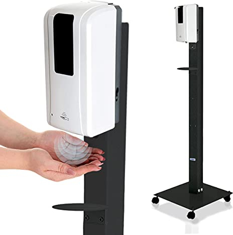 KRIEG Hygienestation mit Sensor + Auffangschale I Anthrazit I Kontaktlos Hygienestation 1000 ml - 333 Sprühstöße I Desinfektionsstation freistehend, stabil, höhenverstellbar, automatisch I Ready to go