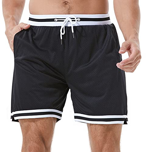 HEALONG Mens Retro Basketball Shorts: 5-7 Inch Inseam Heavyweight Double Layer Mesh with Deep Pockets - 90s Vintage Athletic Gym Workout Casual - Black