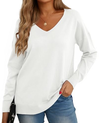 GRECERELLE Women's Casual Jumpers Sweatshirt Ladies Classic Plain Pullover Knit V Neck Long Sleeve Jumper Tops Blouse T-Shirt for Winter Fall Spring (02 White, L)