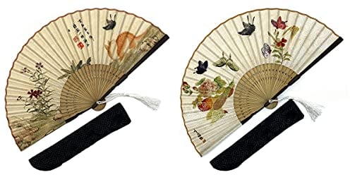 Eastern Wind 2 Stück Fächer Handfächer mit Geschenktasche Bambus Fächer Schmetterling und Katze