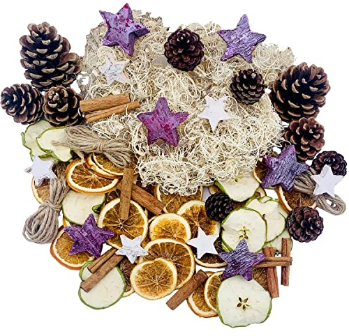Décoration naturelle de Noël, couronne de l'Avent, tranches d'orange séchées, tranches de pomme, bâtons de cannelle, étoiles blanches violettes, pommes de pin – Couronne de Noël – Pot-pourri