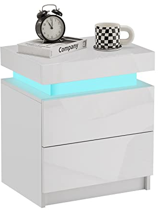 CLIPOP 2 Drawers Bedside Table, White High Gloss Front Bedside Table with LED Lights and Top Storage Cabinet, Modern Nightstand Cabinet for Bedroom Living room