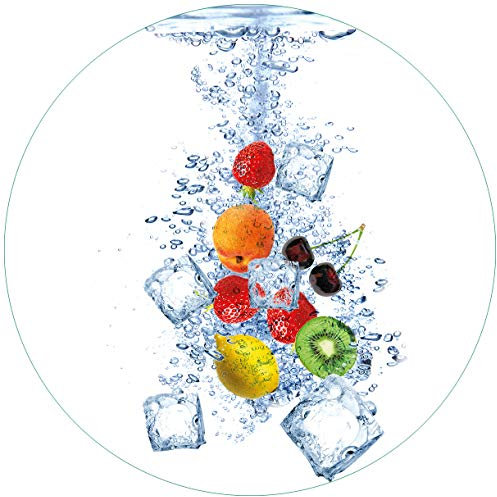 Wallario Glasbild rund Obst-Eiswürfel-Mix im Wasser mit weißem Hintergrund - Rund, 50 cm Durchmesser Wandbild Glas in Premium-Qualität: Brillante Farben, freischwebende Optik