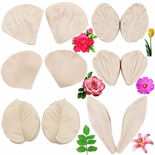 Juego de 6 moldes de silicona para pasta de goma, pasta de azúcar, herramientas para hacer flores, para pasta de goma, peonía, rosa, lirio, margarita, tulipanes, pétalos y hojas, fondant, decoración