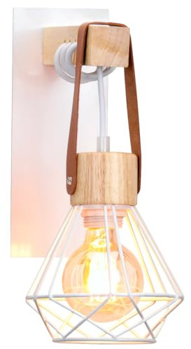 iDEGU Wandlampe Innen Vintage Wandleuchte im Industrial Design aus Holz und Eisen 1-flammig Retro Lampe mit Käfig Weiß Einstellbare Hängelampe für Wohnzimmer Schlafzimmer Küche Flur (1 Stück)