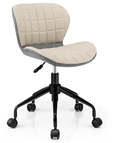 GOPLUS Bürostuhl, Drehstuhl mit Ergonomischem Design, Gebogene Rückenlehne und Sitz, Einstellbare Höhe, Eisenrahmen, Räder, 360°Drehbar, Schreibtischstuhl für Arbeitszimmer & Büro (Beige, Grau)