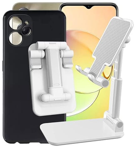 KJYF Cover per Realme 10 5G (6.6), Nero Anti-Graffio Protezione Custodia 1 Pezzi Pellicola Vetro Temperato,con Supporto Tablet Pieghevole Regolabile Supporto Telefono Cellulare (Bianco)