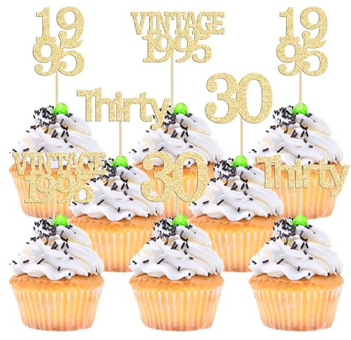 Gyufise Cupcake-Topper Happy 30th Birthday, glitzernd, 30. Geburtstag, 30, fabelhafte Vintage-Cupcake-Picks für 30. Geburtstag, Hochzeitstag, Party, Kuchendekoration, Zubehör, Gold, 24 Stück