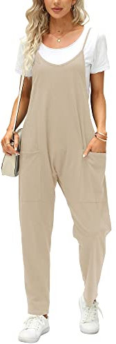 Ebifin Salopette da donna, pantaloni da lavoro, estivi, senza maniche, con grandi tasche., cachi, M