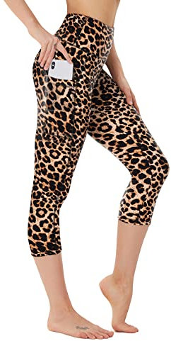 FOTOCITI Leggings Damen mit Tasche Capri Leggins High Waist Caprihose Sommer Blickdicht Sportleggins Sporthose Hose Gym Outdoor Yoga(Leopard,L-XL)