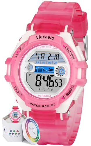 Viecaeio Kids Watches Digital Sport for Boys Girls Outdoor Waterproof Watches with Alarm Stopwatch Colorful Child Wrist Watch Ages 5-17 Pink
