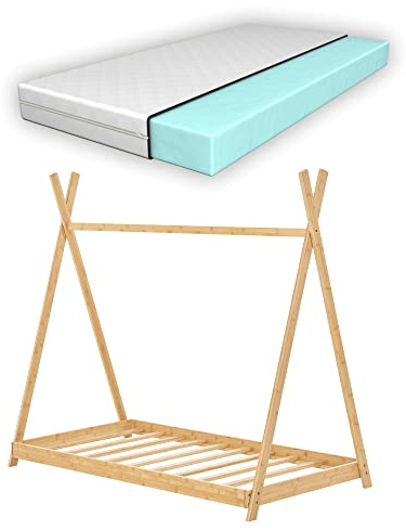 [en.casa] Kinderbett Vimpeli mit Matratze 70 x 140 cm Tipi Bett mit Lattenrost Kleinkindbett Bambus Zelt Spielbett Kinderzimmer