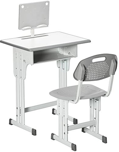 HOMCOM Bureau et Chaise pour Enfant avec Support de Lecture, casier, Crochet et Porte Stylo - Hauteur réglable - 60 x 45 x 90-102 cm - Gris