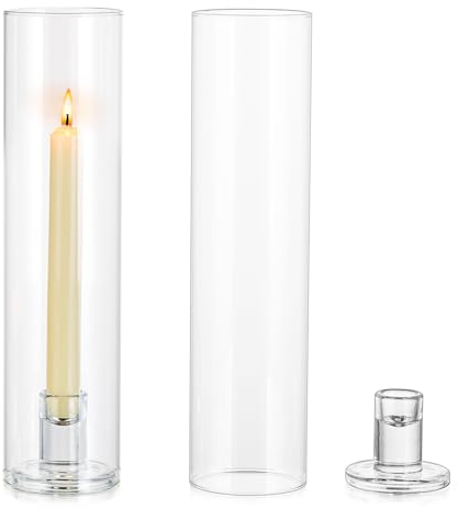 NUPTIO Hurricane Candlestick Holders Glass: 2 Pcs Clear Taper Candle Holder Tall Glass Candle Stick Outdoor Candleholder Cylinder Shade Wedding Centrepieces for Tables Christmas Party Decor