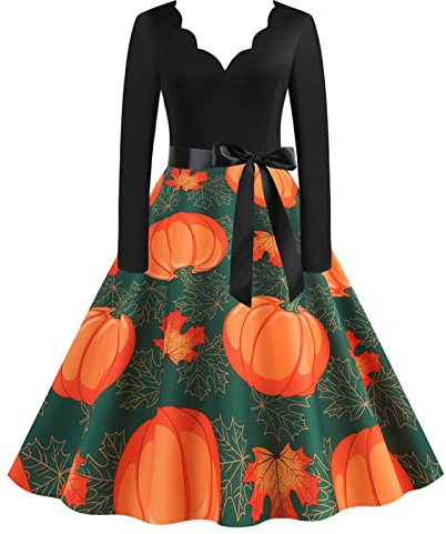 Partner Kostüm Halloween Abendkleider Weiblich Langarm V Ausschnitt Cocktailkleid Tailliertes Plissee Midi Kürbis Horro Abendkleider Weiblich Luftige Polyester Clubbing Wintern Orange