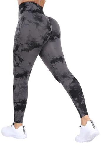 DUROFIT Scrunch Butt Leggings Damen Tie Dye High Waist Sport Leggings Po Push Up Leggings Booty Lift Leggins Gym Leggings Yoga Pants Ruched Sporthose Gray M