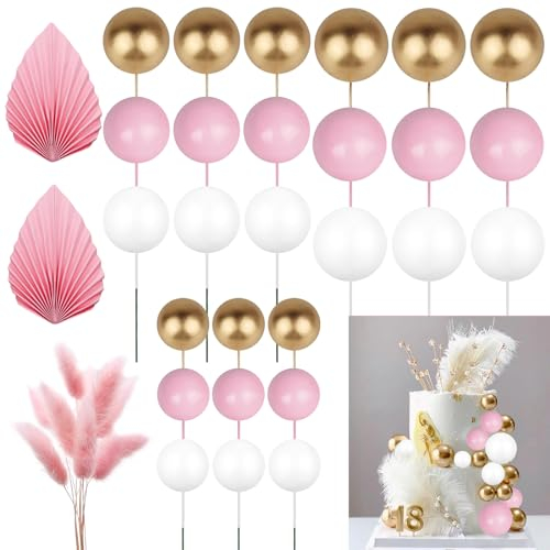 CATELL 41Pcs Cake Balls,Ball Cake Topper Cake Toppers Decorations Cake Decorations Flowers Paper Palm Fan Cake Ball Toppers for Cake Baby Shower Wedding Party Birthday Cake Decorating Pink Gold White