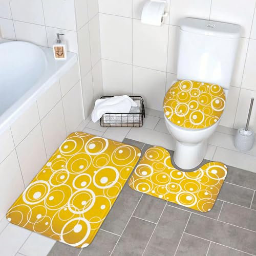 SOYDAN Dreiteiliges,Badezimmer Badematte Anti-Rutsch Badematte Set Waschbar Geruchlos Badematte Set, Kreise und Punkte Monotone geometrische Formen mit gelbem Hintergrund