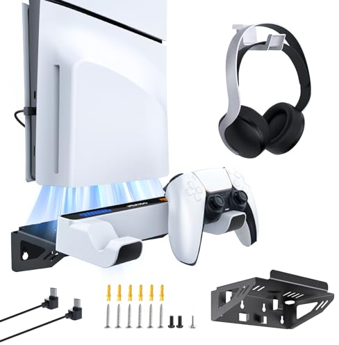 NexiGo PS5 Wandhalterungsset mit Ladestation für PS5 (alle Versionen) und Neue PS5 Slim Konsolen, reguläre und DualSense_Edge-Controller, Stabiler metallischer Wandhalter