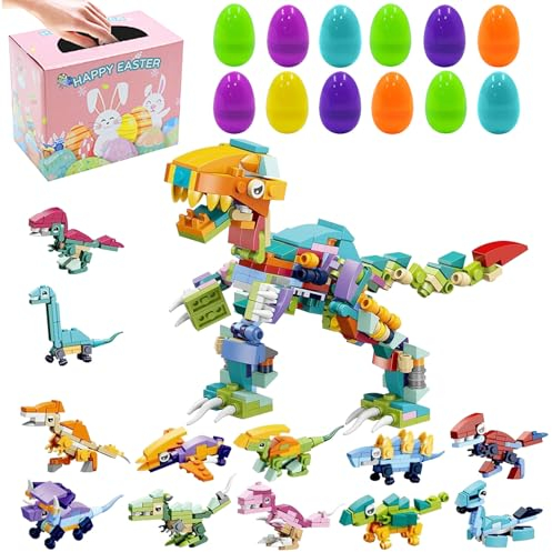 DAKABUKA Vorgefüllte Ostereier, Dinosaurier-Ostereier mit Spielzeug Bausatz, 12-in-1-DIY-Dino-Spielzeug zum Füllen von Osterkörben Osterparty-Geschenke, Spielzeugset für Kinder, Jungen und Mädchen