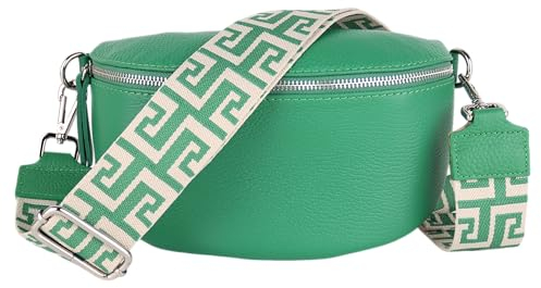 MIRROSI® Bauchtasche Damen, Echtleder, Made in Italy, Umhängetasche, Brusttasche, Crossbody Bag (1 Tasche & 2 Gurte) (Grün (NN Grün Beige), Große Tasche (28x18x9cm))