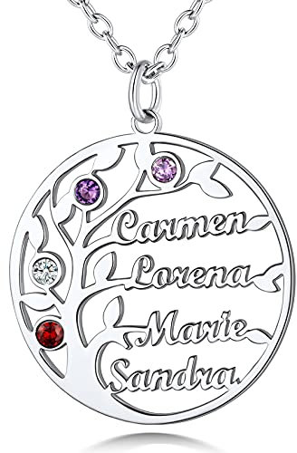 Custom4U Collier Pendentif Femme Arbre de Vie Généalogique Personnalisé 4 Prénoms Pendentif pour Famille Prénom Gravé Pierre de Naissance avec Chaîne Réglable Acier Inoxydable