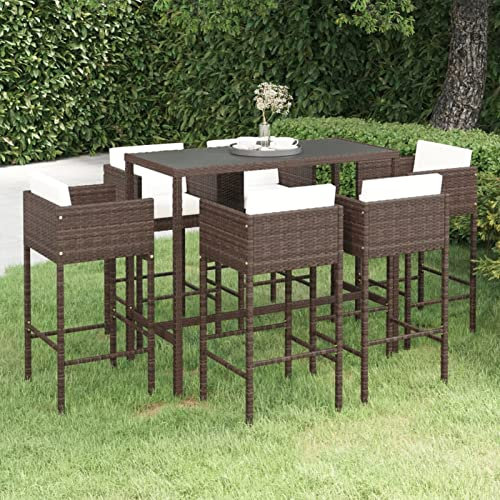 Rantry 7-TLG. Gartenbar-Set mit Kissen Theke Gartentheke Bar Tresen Stehtisch Bartisch Barhocker Barstuhl Gartenmöbel Sitzgarnitur Gartengarnitur Möbel Poly Rattan Braun