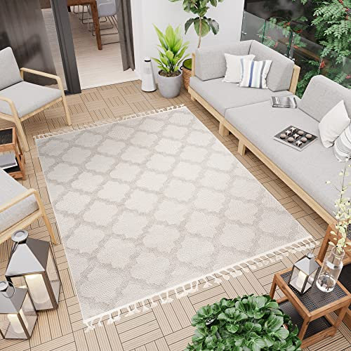 TAPISO Timber Teppich Outdoor Creme Beige Terasse Balkon Sisaloptik mit Fransen Marokkanisch Flachgewebe Wasserfest Indoor ÖKO-TEX 160 x 220 cm