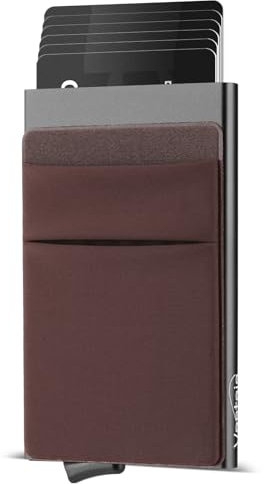 Vastaia Pop Up Kartenetui mit Münzfach 9 Karten,Kartenhalter mit RFID Wallet,Mini Kreditkartenetui aus Aluminium,Credit Card Holder Slim Wallet, Smart Portmonee,Herren Geldbörse Damen,Kaffeebraun