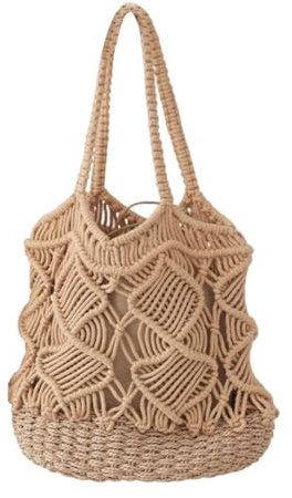 YMYL Borsa da donna in corda di cotone all'uncinetto, borsa estiva intrecciata a mano Boho con coulisse borsa da spiaggia borse a tracolla per vacanze, viaggi, picnic all'aperto, cachi, M