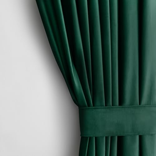 AmeliaHome Set Vorhang H 245 x B 140 cm mit Raffhalter 54 x 10 cm Velvet Optik Flaschengrün 1 St. Kräuselband Wellenband Samt Halbverdunkelungsvorhang Fensterdekoration Dekoschal Dekorvorhang