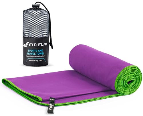 Fit-Flip Microfibre towel - compact, ultra lightweight & quick dry - perfect for gym, travel & beach - swimming towels for sports, camping & hiking (70x140cm pruple-green + bag)